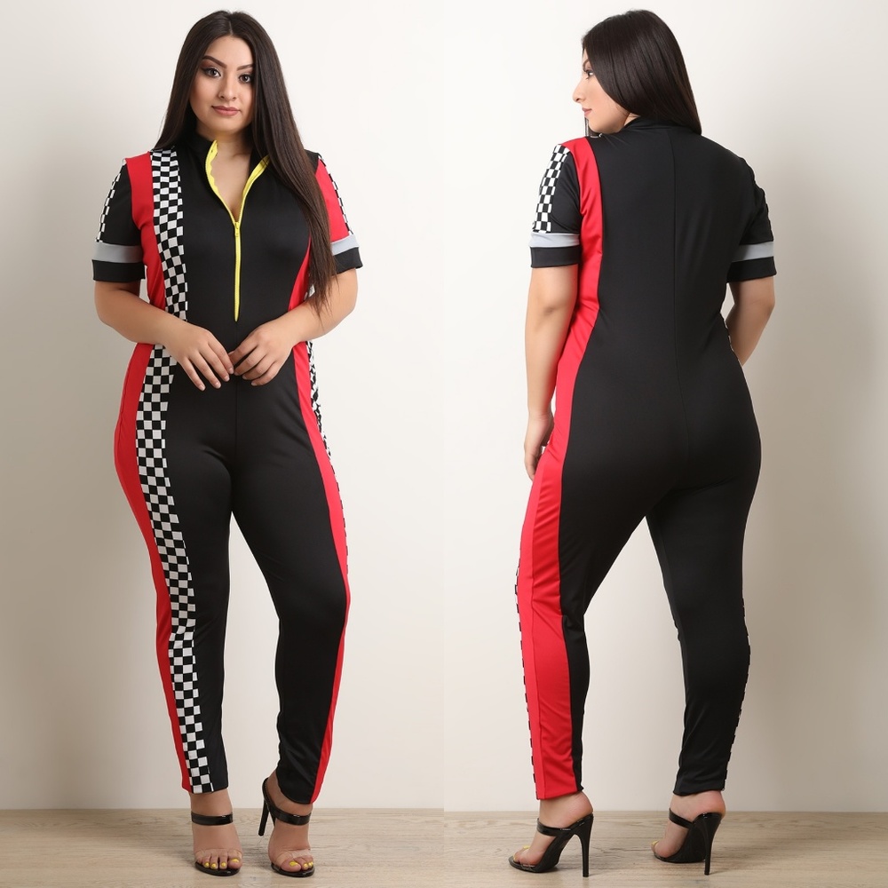 3X NEW PLUS Checkered Colorblock Zip-Up Jumpsuit